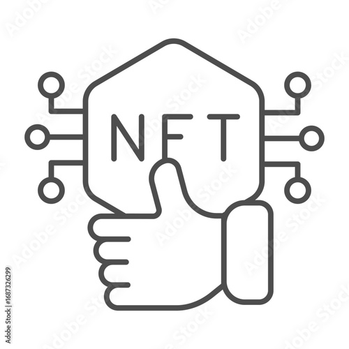Non fungible token with thumb up hand thin line icon, NFT multiverse concept. Vector graphics. Token with like button sign on white background, outline style icon for mobile or web design.