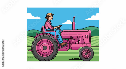 Cartoon tractor on farm land with female driver. Driving cartoon tractor, woman in blue overalls and hat steers pink tractor through green fields.