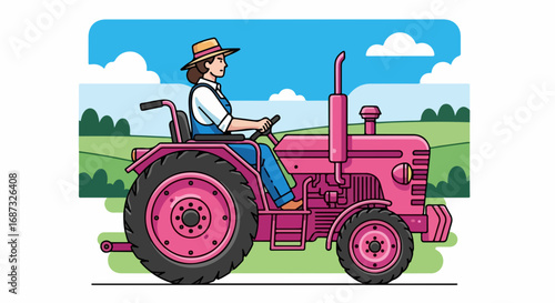 Woman on tractor driving across field, a fun scene. Woman on tractor smiles, enjoying scenic countryside and open air.