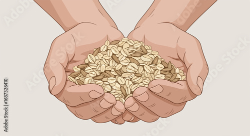 Hands holding seeds displays an illustration of grains and organic seeds. Hands holding shows harvest, abundance, and nature's bounty. Concept hands holding seeds for farmers, agriculture,