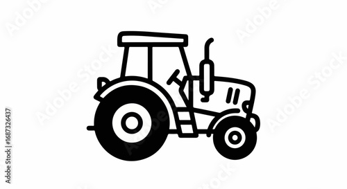 Tractor icon in outline style with thick black stroke on white canvas. Tractor icon shows vehicle for agricultural farm work, transportation of heavy loads and tilling soil.