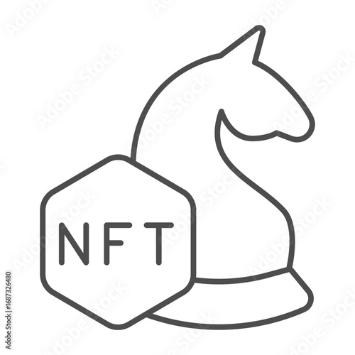 Knight chess with non fungible token thin line icon, NFT multiverse concept. Vector graphics. In game assets, gaming sign on white background, outline style icon for mobile or web design.
