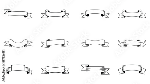 Vintage ribbon banners set with hand drawn outline decorative label design
