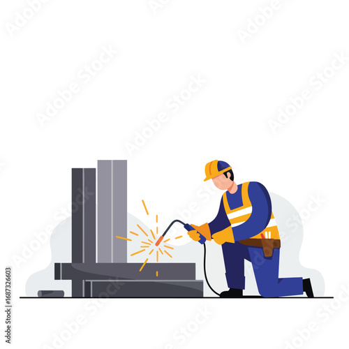 Welder in protective gear working on metal structures with sparks