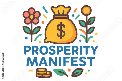 Prosperity manifest design with money bag and flowers in colorful style