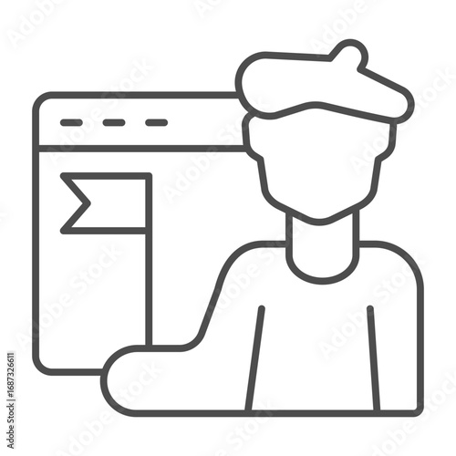 Artist man with flag and website window thin line icon, multiverse concept. Vector graphics. Famous person public site sign on white background, outline style icon for mobile or web design.