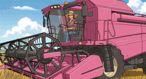Combine harvester on field, illustration of pink harvester for agriculture, cartoon style equipment on wheat field. Female driver in pink harvester, sunny day, illustration of combine harvester.