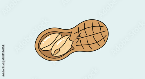 Cartoon peanut in shell, showing two halves of the opened shell and two visible peanuts. Cartoon peanut icon evokes thoughts of healthy snack options.