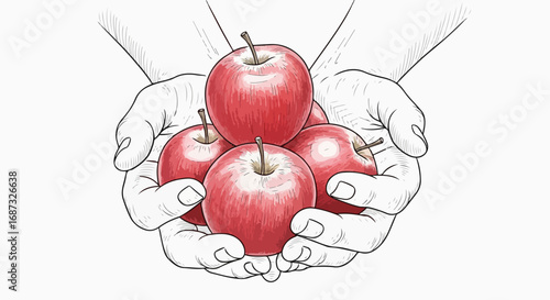 Apple harvest is abundant, with ripe apples held gently in cupped hands, showcasing autumn's bounty. Apple harvest brings forth collection of fresh, red fruit, carefully gathered and piled high.