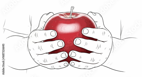 Holding apple gently in hands, showing nurturing and care with fruit. Holding apple reveals connection with healthy food. Symbolic holding apple conveys themes of generosity, love,