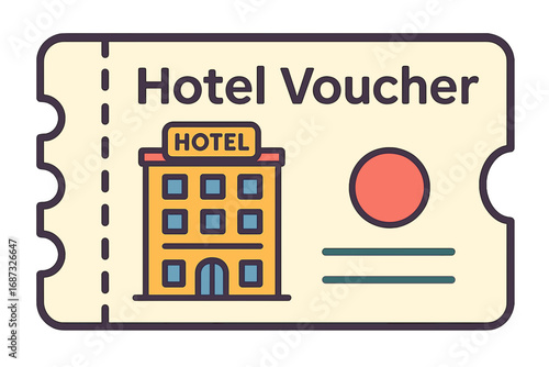 Hotel voucher ticket with illustration of building and design elements  