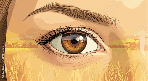 Close up eye reflecting landscape conveys perception. Human eye, a window to soul, shows reflective landscape of fields, and sky. Use this close up eye shot to convey perception, insight,
