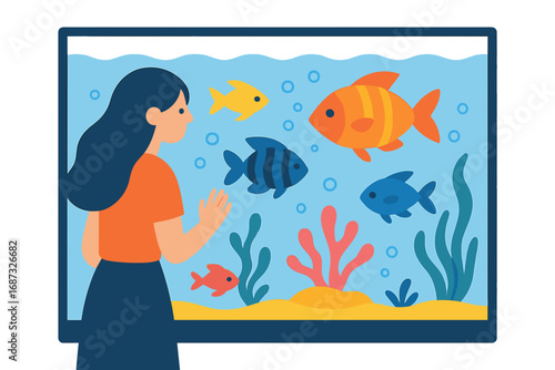 Young woman looking at colorful fish in aquarium with coral Aquarium visit