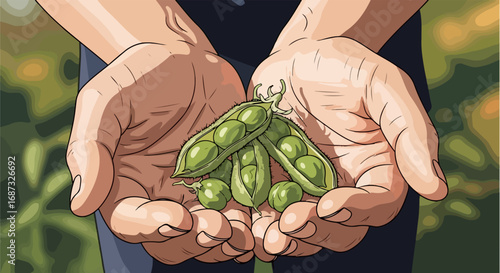 Holding peas in hands, showing fresh, natural pods picked in organic garden, promising healthy eating. Open hands present peas, offering natural goodness and homegrown nutrition.