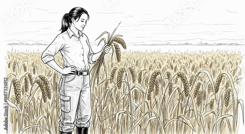 Agriculture industry depiction shows farmer standing in wheat field with a hand on her hip, examining a wheat plant. Agriculture industry, which supports local jobs, is the farmer's passion.