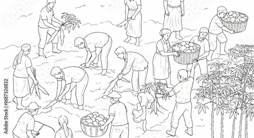 Line art illustration showing harvest scene on farm with people harvesting crops. Harvest scene portrays rural workers gathering produce, filling baskets and working together in fields.