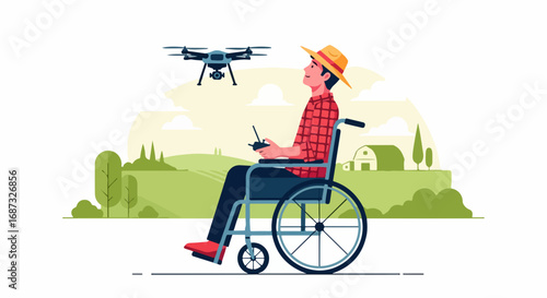 Person using drone, showcasing technological progress in agriculture with drone operations and modern farming. Person operates drone by remote control, amidst rolling green fields and farm buildings,