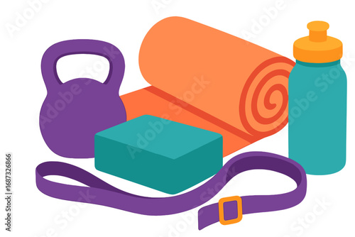 Fitness equipment including yoga mat, kettlebell, and water bottle Yoga kit