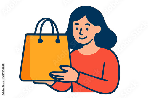 Woman holding yellow shopping bag with a smile in casual attire next level
