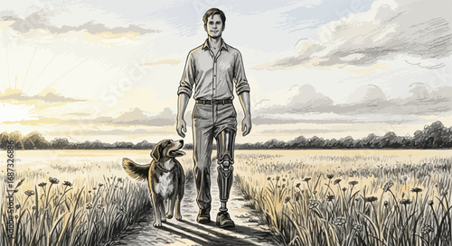 Man with dog walking along a path in field, rendered in neutral tones, a serene scene. Man and dog, walking together, showcases friendship and companionship amid tall grass beneath setting sun.