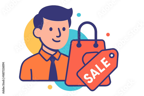 Man holding shopping bag with sale tag in colorful illustration next level 