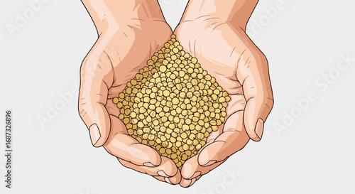 Hands holding seeds present handful of organic grains, golden seeds in hands. Holding seeds to show abundance is important in agriculture. Seeds in hands represent a future of growth,