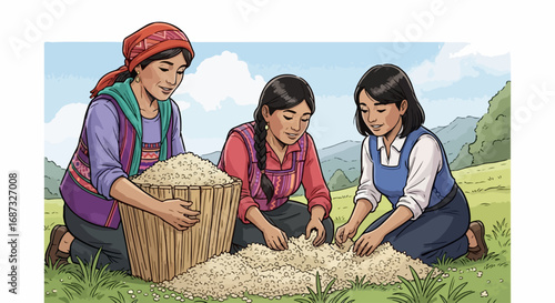 Traditional harvest activity featuring women gathering grain, is a depiction of rural lifestyle. Traditional harvest involves teamwork and respect for nature.