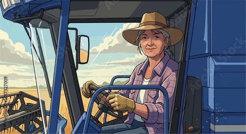 Mature woman farmer operating combine harvester with field in background. Combine harvester is essential machinery for agriculture work, especially during harvest season,
