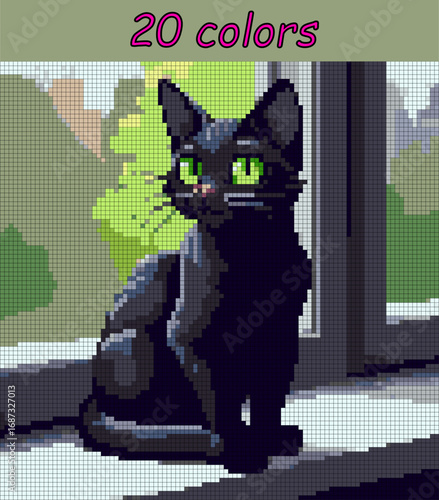 Cute black cat. Pixel art vector 100x100 for paint by numbers – color grid illustration with clean, smooth squares and overlaid grid, fully editable, scalable vector for digital or print use.