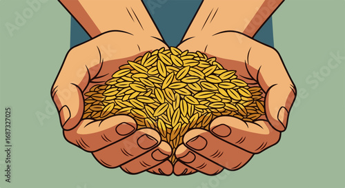 Illustration featuring handful of grains in open hands against neutral background, showing handful of grains. Grains are symbol of abundance, and hands convey gesture of giving or sharing.