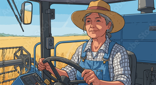 Senior woman farming showing combine harvester in operation for agriculture, woman farming driving combine harvester in field on sunny day. Beautiful farming is an important aspect of rural life.