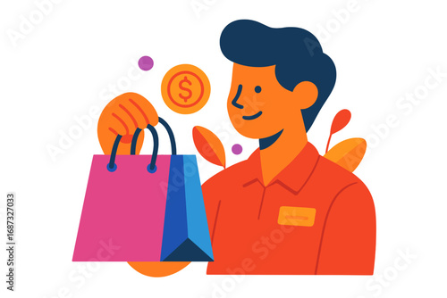 Young man next level smiling while holding shopping bag and dollar sign 