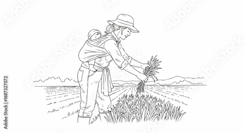 Young woman harvesting wheat in field during harvest season, woman engaged in seasonal farming activity. Harvest season farm work illustrated with woman farmer harvesting wheat crop in the field,