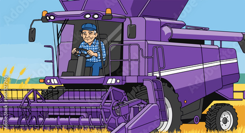 Farming machine harvesting wheat on a sunny day in cartoon style illustration, depicts advanced technology in agricultural sector. Farming machine facilitates harvesting process,