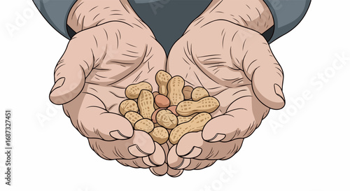 Hands holding peanuts displaying uncooked peanuts in shells and peanut kernels presented with cupped hands. Holding peanuts shows bounty and represents simple food.