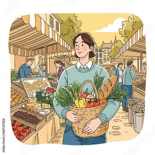 A young person in a blue sweater holding a basket of fresh groceries at an outdoor farmers market.