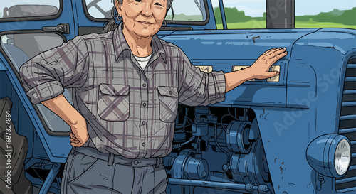 Woman farmer standing next to her blue tractor in field is ready for harvest. This woman farmer is proud owner of farm equipment and she's ready for cultivation of crops.