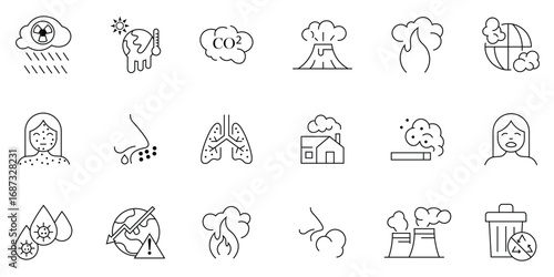 collection of pollution and global warming icon set. Factory smoke, wildfire, car emission, industrial smoke. Vector illustration. 