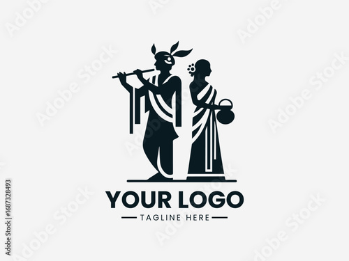 Traditional couple silhouette vector logo with man playing flute and woman holding pot