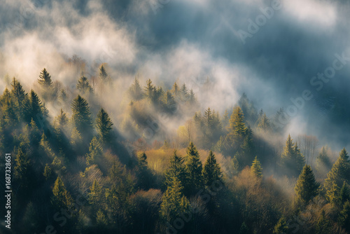 Ariel Shot of fog forest sunny