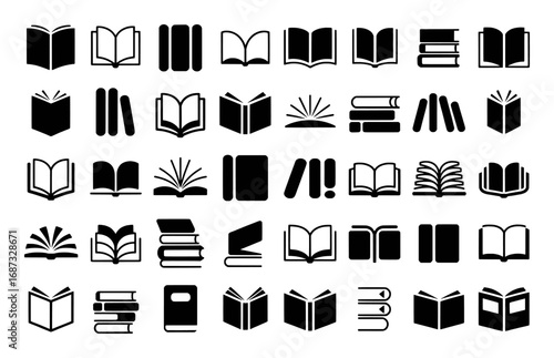 Collection of Black and White Book Icons on White Background