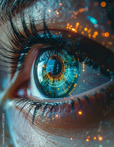 Close-up of a futuristic eye with digital HUD interface overlay