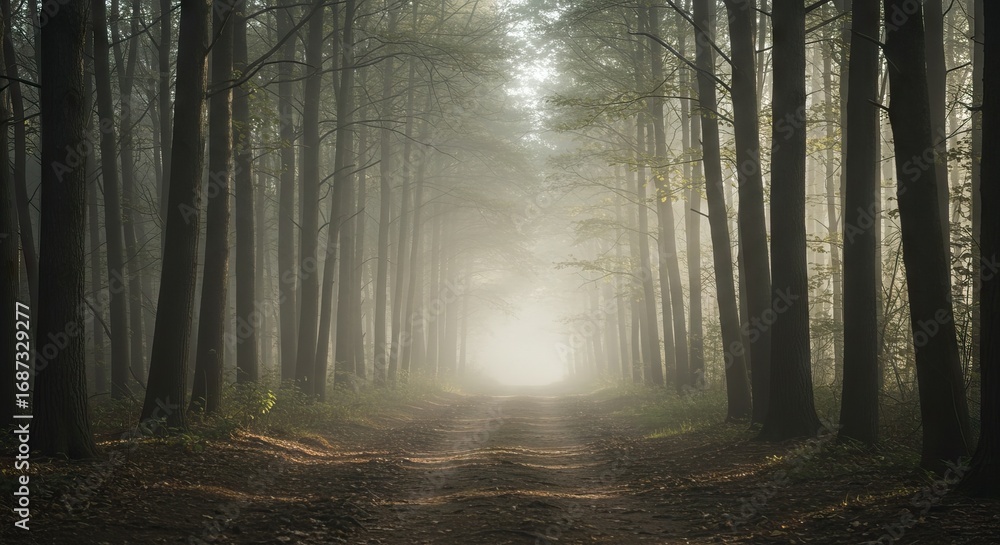 Obraz premium Misty forest path with tall trees lining a trail leading to a bright light in the distance