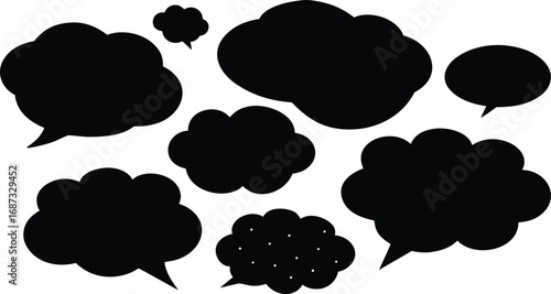 Collection of black speech bubble and thought bubble shapes isolated on white background