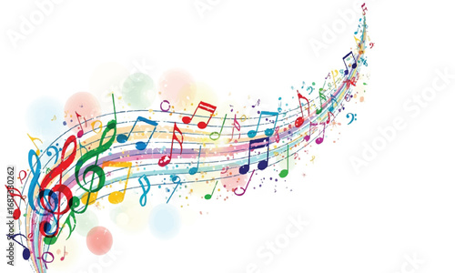 Colorful musical notes on white background, decorative design element, illustration