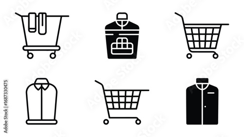Simple Black and White Shopping and Laundry Vector Icons:  Cart, Clothing, and Cleaning Supply Symbols for Website or App Design.