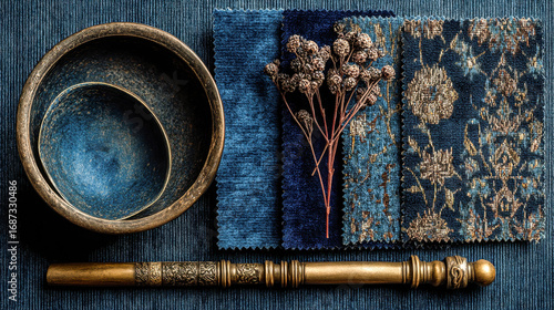 A bowl, a spoon, and a bunch of flowers are arranged on a blue cloth. The bowl is made of ceramic and has a gold rim. The flowers are small