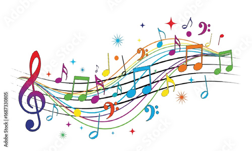 Colorful musical notes with treble clef on white background, illustration