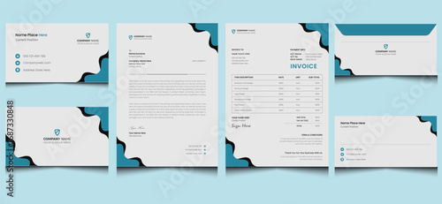 Editable clean editable creative minimalist modern company business corporate branding brand identity stationery design template blue black gray colors.