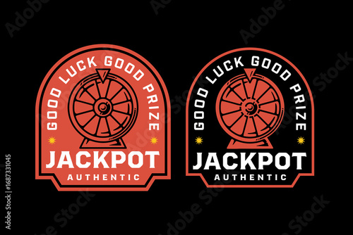 Jackpot wheel retro badge logo vector design set for casino and gambling. Lottery prize wheel vintage emblem logo graphic collections. Lucky wheel betting illustration label element designs